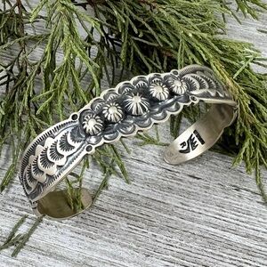 Navajo Benny Ramone Sterling Silver Hand Stamped Concho Button Cuff Bracelet